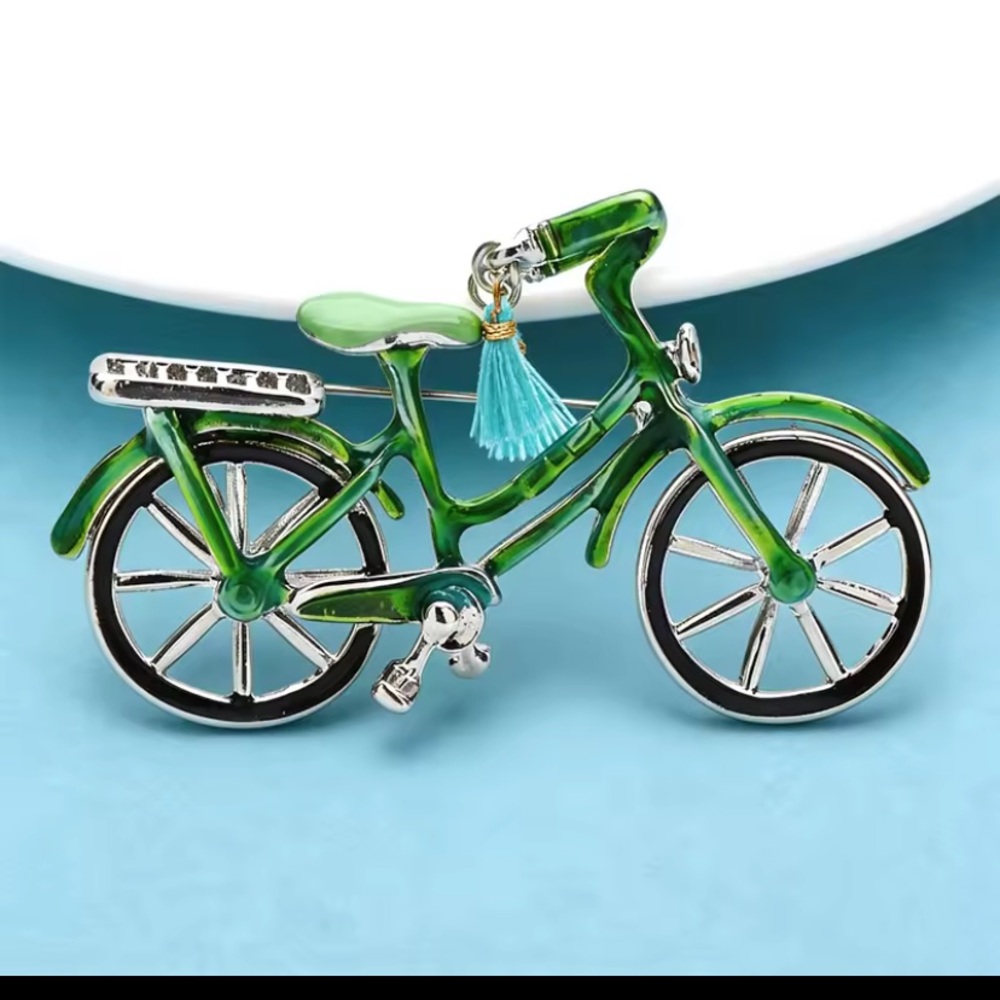 Private Label Green Bicycle Brooch with Blue Tassel Accent